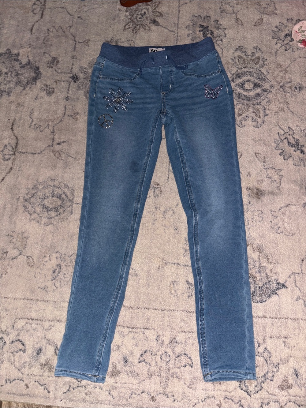 SO Blue Girls' Jeggings with Rhinestone Flower & Butterfly